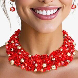 Bib Red Artistic Glass Copper Choker Necklace Set